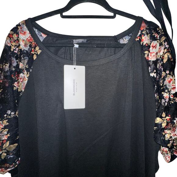 26 4X Plus Size BloomChic Floral Mesh Sleeve Black Stretchy T Shirt Top - Picture 7 of 7